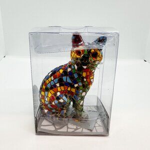 NIB Vtg Barcino Carnival Mosaic Cat Sculpture Resin Ceramic 3.5" Hand Painted